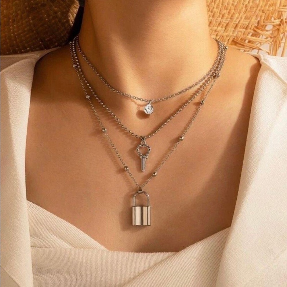 Silver Lock Key Charm Layered Necklace